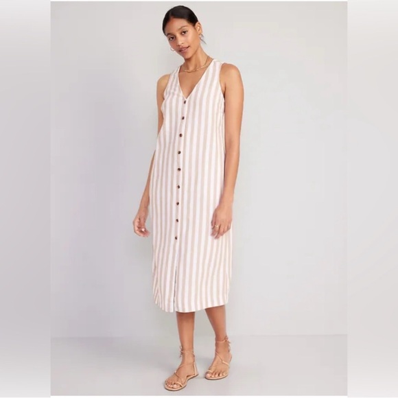 Old Navy Striped Linen Midi Tank Dress XL Tan White Button Front Beach Casual - Picture 1 of 11